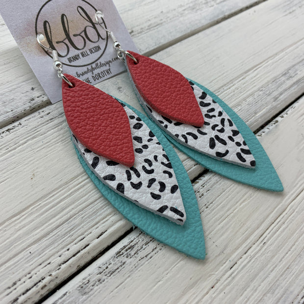 DOROTHY - Leather Earrings  ||  <BR> MATTE CORAL/PINK,   <BR> BLACK & WHITE CHEETAH PRINT , <BR> ROBINS EGG BLUE