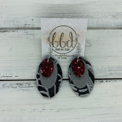 DIANE - Leather Earrings  ||    <BR> BURGUNDY GLITTER (NOT REAL LEATHER) , <BR> SHIMMER GRAY, <BR> BLACK & SILVER WESTERN FLORAL