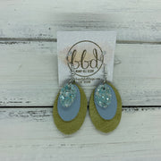 DIANE - Leather Earrings  ||    <BR> ICE BLUE GLITTER (NOT REAL LEATHER) , <BR> MATTE LIGHT BLUE, <BR> PEARLIZED OCHRE