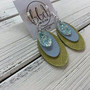 DIANE - Leather Earrings  ||    <BR> ICE BLUE GLITTER (NOT REAL LEATHER) , <BR> MATTE LIGHT BLUE, <BR> PEARLIZED OCHRE