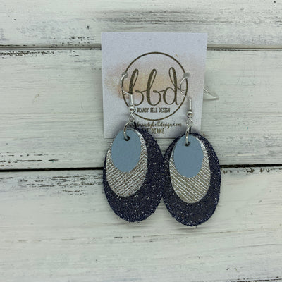 DIANE - Leather Earrings  ||    <BR> MATTE LIGHT BLUE, <BR> METALLIC SILVER SAFFIANO, <BR> SHIMMER NAVY