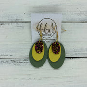 DIANE - Leather Earrings  ||    <BR> AUTUMN HARVEST GLITTER (FAUX LEATHER), <BR> MATTE YELLOW, <BR> MATTE AVOCADO GREEN