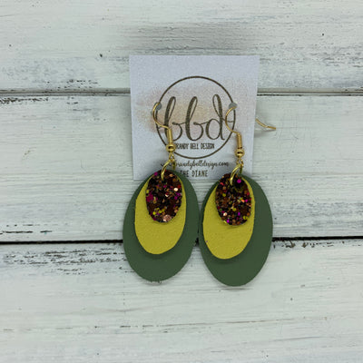 DIANE - Leather Earrings  ||    <BR> AUTUMN HARVEST GLITTER (FAUX LEATHER), <BR> MATTE YELLOW, <BR> MATTE AVOCADO GREEN