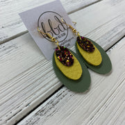 DIANE - Leather Earrings  ||    <BR> AUTUMN HARVEST GLITTER (FAUX LEATHER), <BR> MATTE YELLOW, <BR> MATTE AVOCADO GREEN