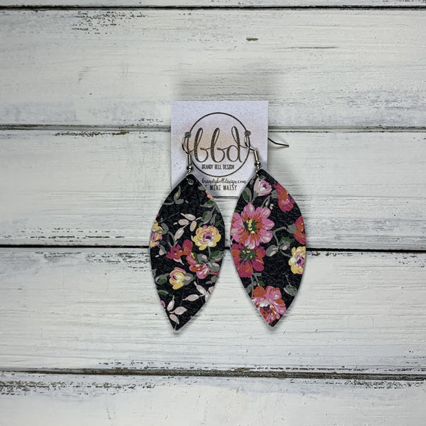 MAISY - Leather Earrings  ||  <BR>  PINK FLORAL ON BLACK