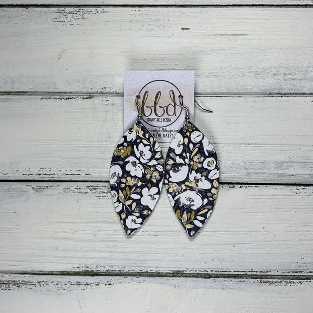 MAISY - Leather Earrings  ||  <BR> WHITE FLORAL ON NAVY