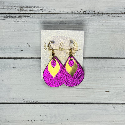 SUEDE + STEEL *Limited Edition* MINI ZOEY  || Leather Earrings || GOLD BRASS LEAF, <BR> METALLIC NEON PINK