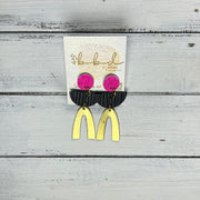 SUEDE + STEEL *Limited Edition* || Leather Earrings || POST WITH BRASS ARCH  || <BR> NEON PINK GLITTER ON CORK, <BR> BLACK PALMS