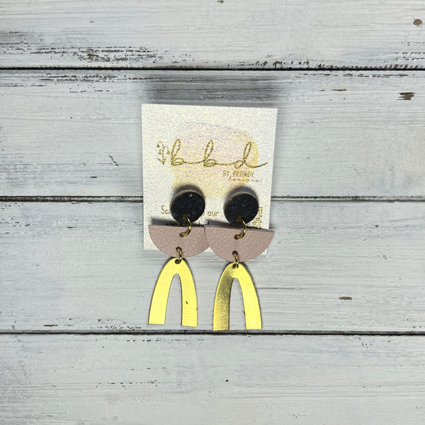 SUEDE + STEEL *Limited Edition* || Leather Earrings || POST WITH BRASS ARCH  || <BR> BLACK WITH GOLD/SILVER ACCENTS ON CORK, <BR> BLUSH PINK