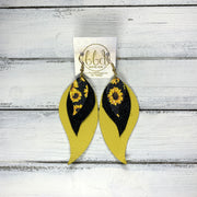 TAMARA - Leather Earrings  ||  SUNFLOWERS ON BLACK, <BR> SHIMMER  BLACK, <BR> MATTE YELLOW