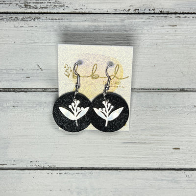 SUEDE + STEEL *Limited Edition* || Leather Earrings || SILVER METAL FLORAL || <BR> SHIMMER BLACK