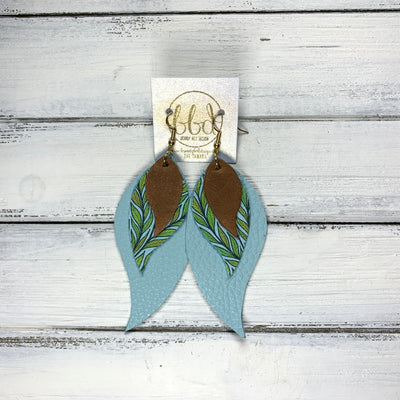 TAMARA - Leather Earrings  ||  DISTRESSED BROWN, <BR> AQUA & GREEN PALMS, <BR> MATTE AQUA MINT