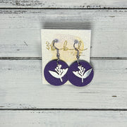 SUEDE + STEEL *Limited Edition* || Leather Earrings || SILVER METAL FLORAL || <BR> MATTE PURPLE