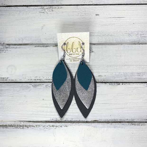 DOROTHY - Leather Earrings  ||  <BR> MATTE DARK TEAL, METALLIC SILVER SAFFIANO, MATTE DARK GRAY