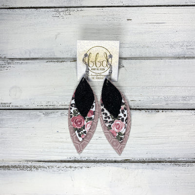 DOROTHY - Leather Earrings  ||  <BR> MATTE DARK GRAY, WHITE FLORAL ON NAVY, PEARLIZED OCHRE