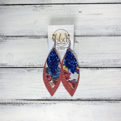 DOROTHY - Leather Earrings  ||  <BR> ROYAL BLUE GLITTER (FAUX LEATHER), TUTTI FRUITI FLORAL, SALMON BRAIDED