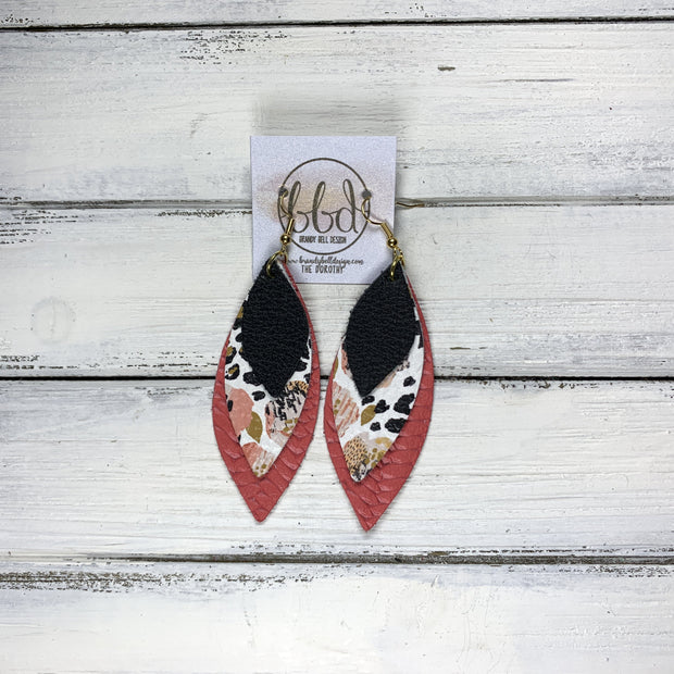 DOROTHY - Leather Earrings  ||  <BR> MATTE BLACK, CORAL FLORAL CHEETAH, SALMON BRAIDED