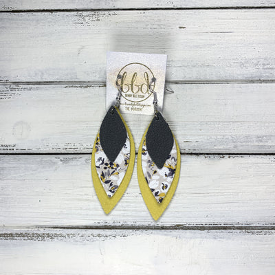 DOROTHY - Leather Earrings  ||  <BR> MATTE DARK GRAY, WHITE FLORAL ON GRAY, MATTE YELLOW