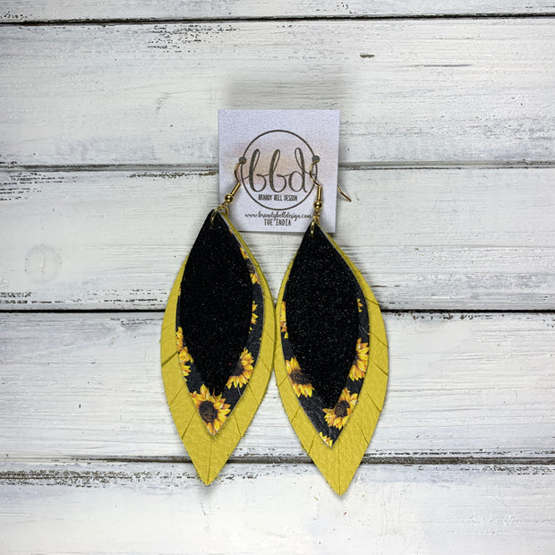 INDIA - Leather Earrings   ||  <BR>   SHIMMER BLACK,  <BR>   SUNFLOWERS ON BLACK,  <BR> MATTE YELLOW