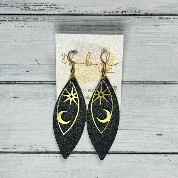 SUEDE + STEEL *Limited Edition* || Leather Earrings || BRASS STAR & MOON MARQUISE || <BR>MATTE BLACK