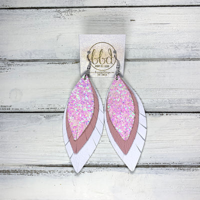 INDIA - Leather Earrings   ||  <BR>  COTTON CANDY GLITTER (FAUX LEATHER),  <BR>   MATTE LIGHT PINK,  <BR> MATTE WHITE