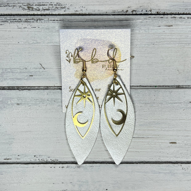 SUEDE + STEEL *Limited Edition* || Leather Earrings || BRASS STAR & MOON MARQUISE || <BR> PEARL WHITE