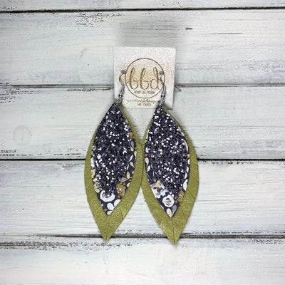 INDIA - Leather Earrings   ||  <BR>  PEWTER GLITTER (FAUX LEATHER),  <BR> WHITE FLORAL ON NAVY,  <BR> PEARLIZED OCHRE