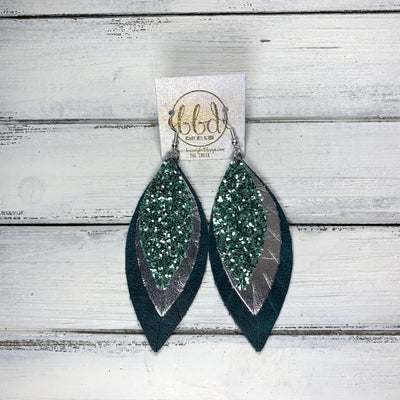INDIA - Leather Earrings   ||  <BR>  SEAFOAM GLITTER (FAUX LEATHER),  <BR> METALLIC SILVER SMOOTH,  <BR> DISTRESSED TEAL