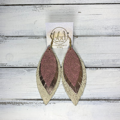 INDIA - Leather Earrings   ||  <BR>  VINTAGE SHIMMER PINK,  <BR> METALLIC ROSE GOLD SMOOTH,  <BR> ROSE GOLD HATCHING