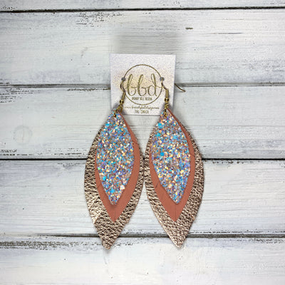 INDIA - Leather Earrings   ||  <BR>  PEACHES & CREAM GLITTER (FAUX LEATHER),  <BR> MATTE CORAL,  <BR> METALLIC ROSE GOLD PEBBLED