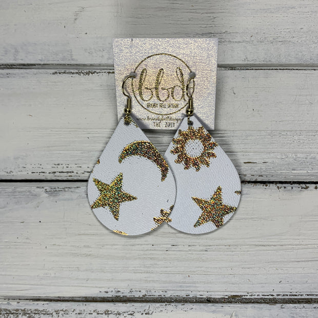 ZOEY (3 sizes available!) -  Leather Earrings  ||   HOLOGRAPHIC GOLD CELESTIAL ON WHITE