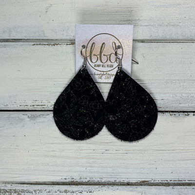 ZOEY (3 sizes available!) -  Leather Earrings  ||   IRIDESCENT HUMMINGBIRD FLORAL ON BLACK