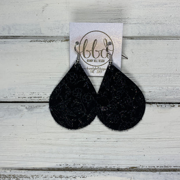 ZOEY (3 sizes available!) -  Leather Earrings  ||   IRIDESCENT HUMMINGBIRD FLORAL ON BLACK