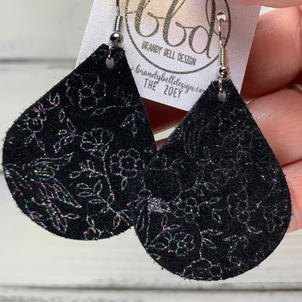 ZOEY (3 sizes available!) -  Leather Earrings  ||   IRIDESCENT HUMMINGBIRD FLORAL ON BLACK