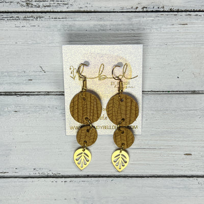 SUEDE + STEEL *Limited Edition* || Leather Earrings || CIRCLES WITH BRASS LEAF ACCENT || <BR> MUSTARD PALMS
