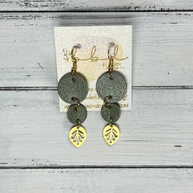 SUEDE + STEEL *Limited Edition* || Leather Earrings || CIRCLES WITH BRASS LEAF ACCENT || <BR> PEARLIZED OLIVE GREEN
