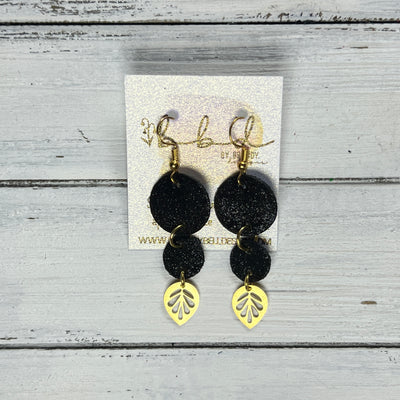 SUEDE + STEEL *Limited Edition* || Leather Earrings || CIRCLES WITH BRASS LEAF ACCENT || <BR> SHIMMER BLACK
