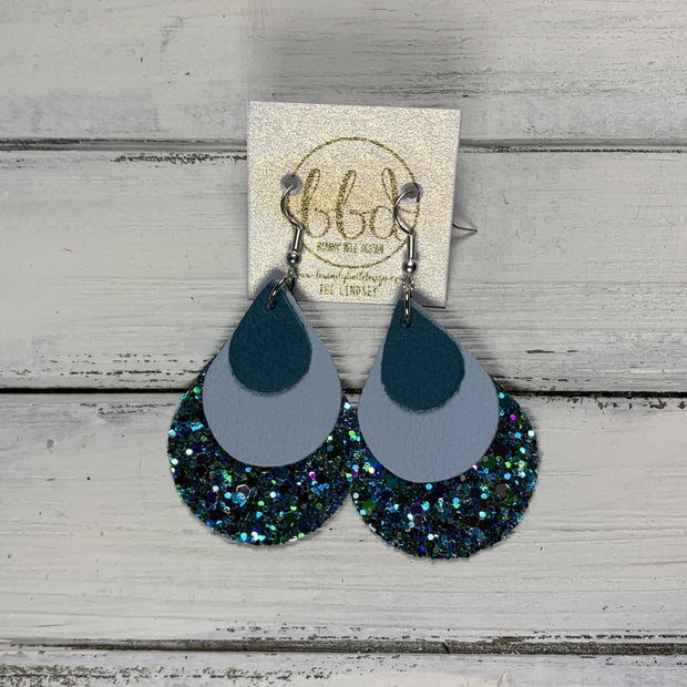 LINDSEY - Leather Earrings  ||   <BR> MATTE DARK TEAL, <BR> MATTE BABY BLUE, <BR> UNDER THE SEA GLITTER (FAUX LEATHER)