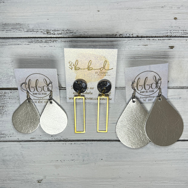 SUEDE + STEEL *Limited Edition* || Leather Earrings || POST WITH BRASS RECTANGLE  || <BR> BLACK WITH GOLD/SILVER ACCENTS ON CORK