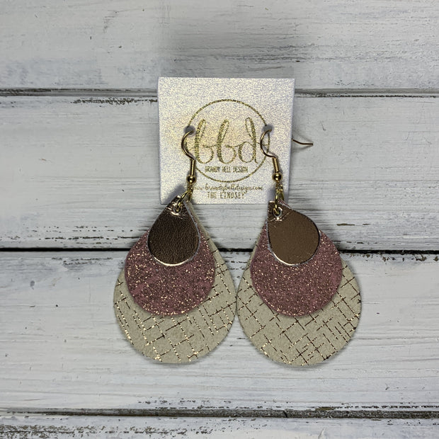 LINDSEY - Leather Earrings  ||   <BR>  ROSE GOLD SMOOTH, <BR> SHIMMER VINTAGE PINK, <BR> ROSE GOLD HATCHING
