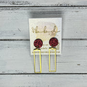 SUEDE + STEEL *Limited Edition* || Leather Earrings || POST WITH BRASS RECTANGLE  || <BR> RED GLITTER ON CORK