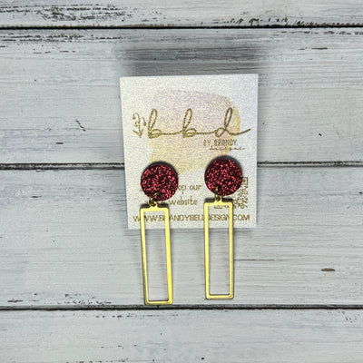 SUEDE + STEEL *Limited Edition* || Leather Earrings || POST WITH BRASS RECTANGLE  || <BR> RED GLITTER ON CORK