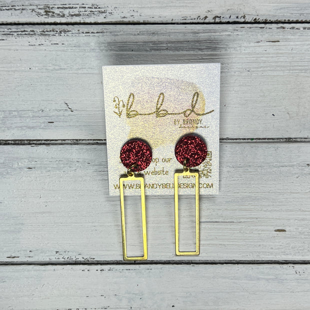SUEDE + STEEL *Limited Edition* || Leather Earrings || POST WITH BRASS RECTANGLE  || <BR> RED GLITTER ON CORK