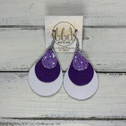 LINDSEY - Leather Earrings  ||   <BR> PERIWINKLE GLITTER (FAUX LEATHER), <BR> MATTE PURPLE, <BR> MATTE WHITE