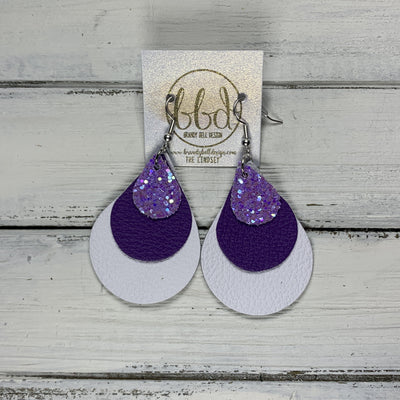 LINDSEY - Leather Earrings  ||   <BR> PERIWINKLE GLITTER (FAUX LEATHER), <BR> MATTE PURPLE, <BR> MATTE WHITE