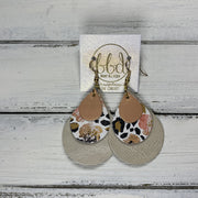 LINDSEY - Leather Earrings  ||   <BR> PEARLIZED PEACH, <BR> CORAL FLORAL CHEETAH, <BR> PEARL CHAMPAGNE