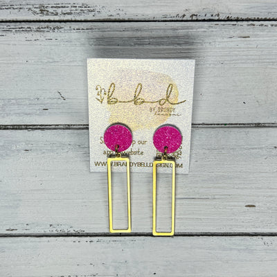 SUEDE + STEEL *Limited Edition* || Leather Earrings || POST WITH BRASS RECTANGLE  || <BR> NEON PINK GLITTER ON CORK