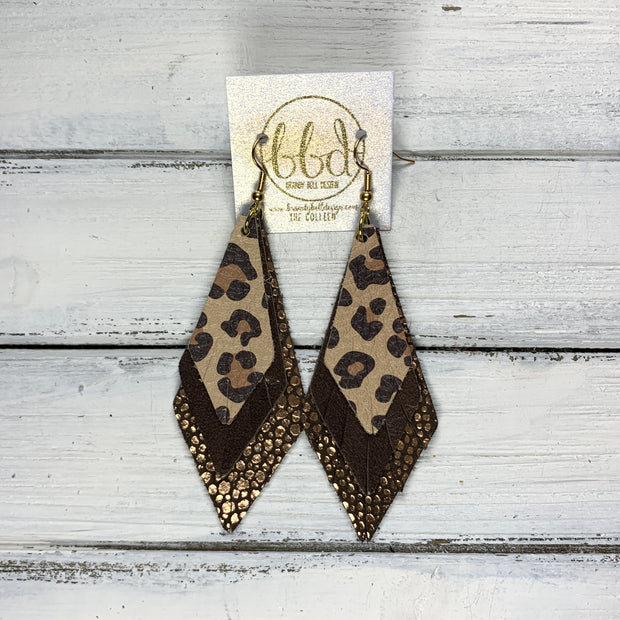 COLLEEN -  Leather Earrings  ||  <BR> CARAMEL CHEETAH, <BR> PEARLIZED BROWN, <BR> ROSE GOLD DRIPS ON BROWN