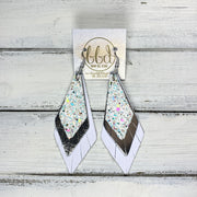 COLLEEN -  Leather Earrings  ||  <BR> CONFETTI CAKE GLITTER (FAUX LEATHER), <BR> METALLIC SILVER SMOOTH, <BR> MATTE WHITE