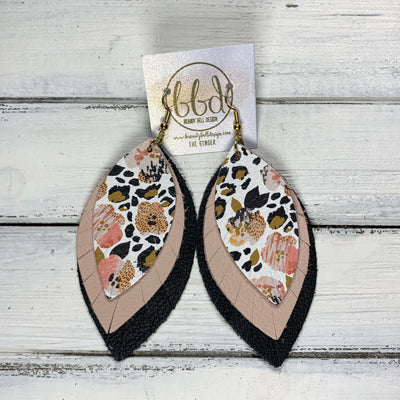 GINGER - Leather Earrings  ||  CORAL FLORAL CHEETAH PRINT, MATTE BLUSH, MATTE BLACK